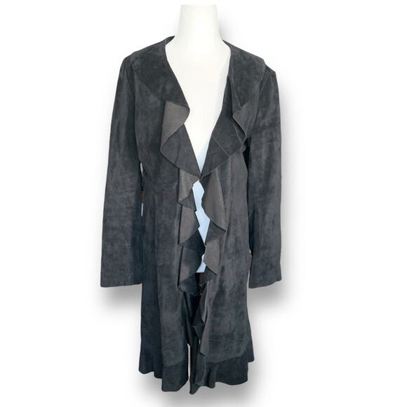 Scully Black Suede Ruffle Front Coat Genuine Leather Longline Duster Jacket - Picture 9 of 14